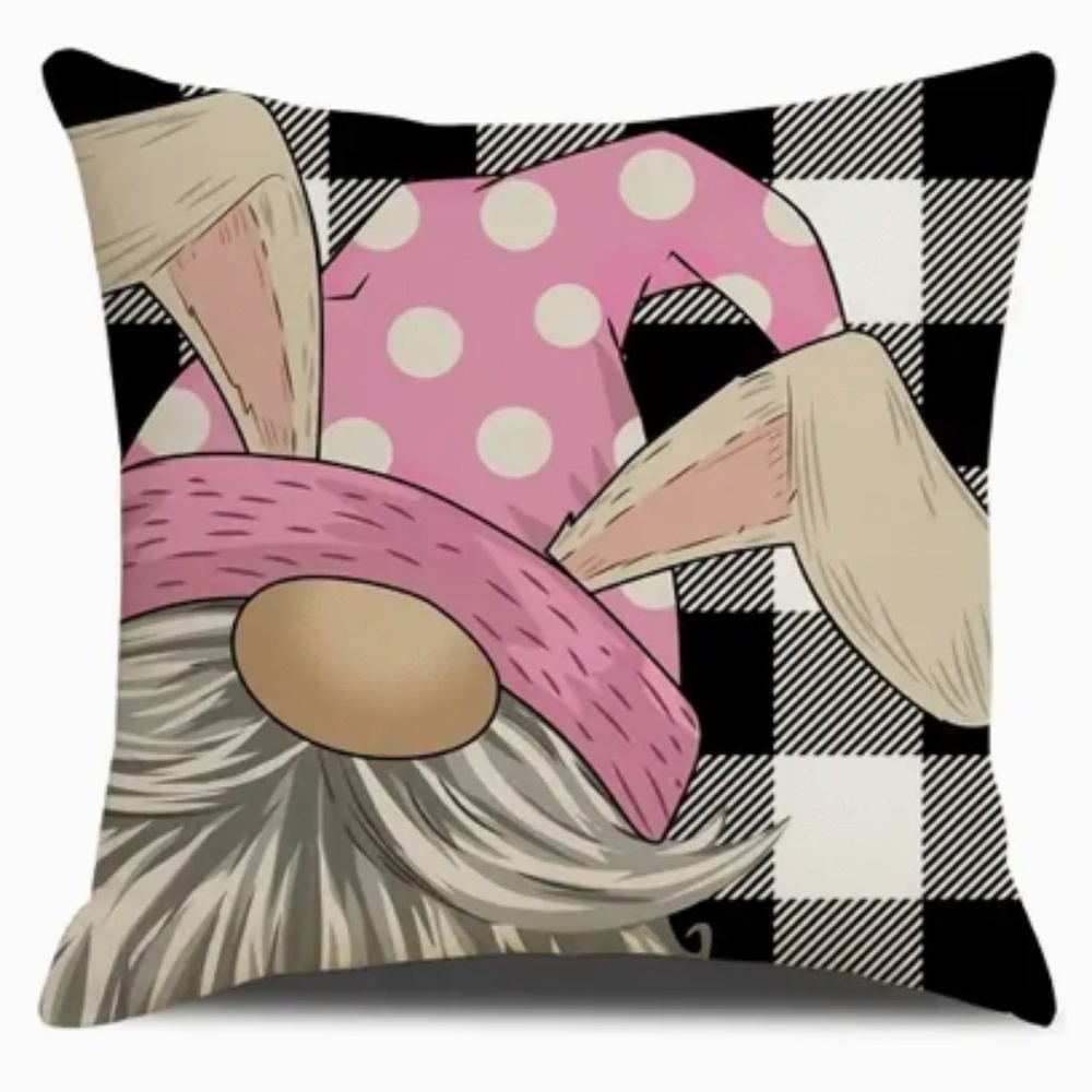 NEW EASTER GNOME PILLOW COVER PINK BLACK & CREAM HOME DECOR 17.71" X17.71"
